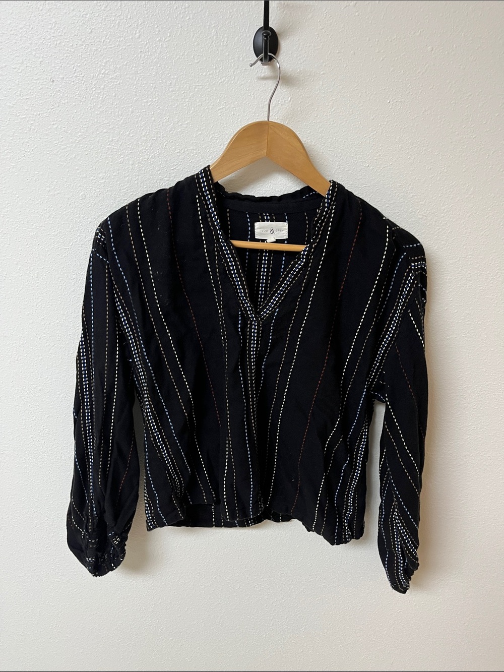 Lou & Grey Black V-Neck Striped Lightweight Women's cotton Blouse, S